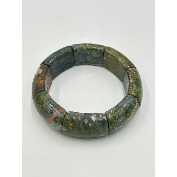 Vintage Green Semiprecious Stone Bracelet Elastic Stretch One Size Chunky Bangle - Picture 4 of 8